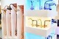 Modern faucets and shower in store Royalty Free Stock Photo