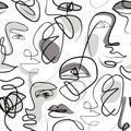 Modern female face, eyes, lips in one line drawing on doodle background