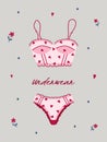 Modern female lingerie or swimwear with hearts and lace. Trendy hand drawn underwear or bikini tops and bottoms. Vintage