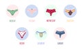 Modern female panties collection for week. Cute colorful weekly knickers with bows and lace. Trendy undergarments