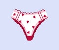 Modern female panties. Cute red knickers with hearts and lace. Home clothes. Trendy hand drawn undergarments. Vintage