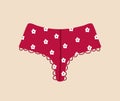 Modern female panties. Cute red thongs. Home clothes. Trendy hand drawn undergarments. Vintage vector illustration in