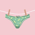 Modern female panties dried on a rope. Cute colorful knickers after washing. Trendy undergarments. Vintage vector