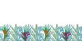 Modern Fern Border-Virgin Forest illustration seamless Repeat Pattern in green,blue,purple,red,orange,white & Brown.