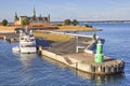 Modern ferry boat at pier, Kronborg castle at backgroung, Danmark, Europe