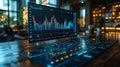 Financial data analysis and digital workspace with glowing charts and graphs on a modern screen in an office setting Royalty Free Stock Photo