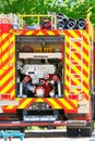 Modern fire engine. Rear view of valves with hydrants Royalty Free Stock Photo