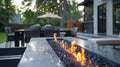 A modern fire pit is the statement piece in this sleek outdoor dining space. 2d flat cartoon