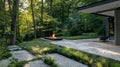 The modern fire pit is surrounded by a sleek stone patio and lush greenery. 2d flat cartoon