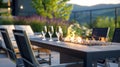 A modern fire pit table surrounded by sleek chairs creating a chic and intimate space. 2d flat cartoon