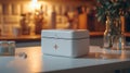 Modern first aid kit on kitchen counter at night. Use for health and safety content Royalty Free Stock Photo