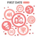 Modern first date infographic design template. Love and dating inphographic visualization with eight steps bubble design