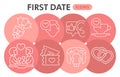 Modern first date infographic design template. Love and dating inphographic visualization with eight steps circle design