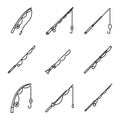 Modern fishing rod icons set, outline style