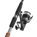 Modern fishing rod with reel on white background Royalty Free Stock Photo