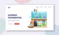 Modern Fishkeeping Landing Page Template. Care of Fish Pets, Aquaristics Hobby. Character Measure Water Temperature Royalty Free Stock Photo