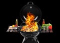 Modern flaming barbecue grill with food on black background Royalty Free Stock Photo