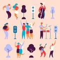 Modern flat cartoon characters set for jazz,rock music fest concept-singer,musicians,guitar,sax,drums,double bass,hand drawn style Royalty Free Stock Photo