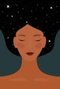 Modern flat character. A woman with the universe in her hair, the night of the star. The character of an Asian Indian