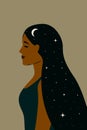 Modern flat character. A woman with the universe in her hair, the night of the star. The character Asian Indian Arab