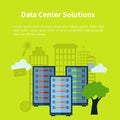 Data center solution banner on a green background. Commercial and office business building facade. Vector illustration. Royalty Free Stock Photo
