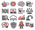 Modern flat design artificial intelligence icon set featuring robots, neural networks, and data management for technology Royalty Free Stock Photo