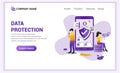 Modern flat design concept of Data Protection. A man and girl using Gadget Device on front Giant Phone. Can use for banner, mobile Royalty Free Stock Photo