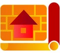 Modern flat design house icon with orange brick pattern background and red-orange banners Royalty Free Stock Photo