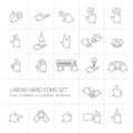 Modern flat design linear hand and fingers gesture icons