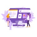Modern flat design for Online Shopping concept. Vector illustration of man and woman shopping online - woman is adding Royalty Free Stock Photo