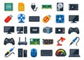 Modern flat design technology devices set featuring computer components, peripherals, and gaming accessories for digital hardware Royalty Free Stock Photo