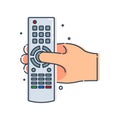 Modern flat icon with black hand remote control on white background for lifestyle design. Fingers press the keys of the controller Royalty Free Stock Photo