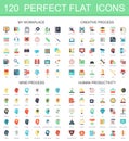 120 modern flat icon set of workplace, creative process, mind process, human productivity icons.