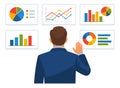 Modern flat illustration of a businessman analyzing data charts for business reporting Royalty Free Stock Photo
