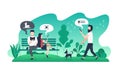 Modern flat illustration with couple on bench in park and guy with dog on walk Royalty Free Stock Photo