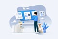 Digital Designer Working on UI UX Project with Large Screen and Floating Creative Elements Flat Illustration Royalty Free Stock Photo