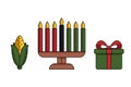 Modern flat illustration of Kwanzaa Kinara candle holder with shadows, outline, seven candles, corn - Muhindi, gift box