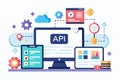 Modern flat illustrations depicting application programming interface concepts with devices showcasing various interactive Royalty Free Stock Photo