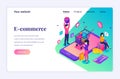 Modern flat isometric design concept of E-commerce. People buying products in the online store