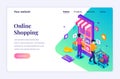 Modern flat isometric design concept of Online Shopping. People buying products in the mobile application store Royalty Free Stock Photo