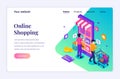 Modern flat isometric design concept of Online Shopping. People buying products in the mobile application store for website and Royalty Free Stock Photo