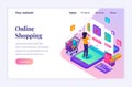 Modern flat isometric design concept of Online Shopping. A young woman buying products in the mobile application store Royalty Free Stock Photo