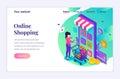 Modern flat isometric design concept of Online Shopping. A young woman buying products in the mobile application store for website Royalty Free Stock Photo