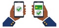 Modern flat mobile payment illustration set featuring two hands holding smartphones with successful transaction confirmations for Royalty Free Stock Photo
