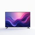 Modern flat screen TV shows vibrant abstract purple pink gradient waves. Minimalist display stands on white surface for tech or Royalty Free Stock Photo