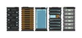 Modern flat server racks. Computer processor servers for server room. Vector set isolated on white background
