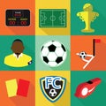 Modern flat soccer icons set with long shadow effect