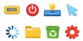 Modern flat style computer icons set featuring a BIOS chip, power button, keyboard with lightbulb, mouse cursor, loading Royalty Free Stock Photo