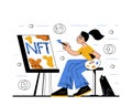 Modern flat style creative vector illustration of a female artist painting a picture of non-fungible tocken with a cat.