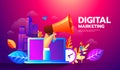 Modern flat style illustration of megaphone and different icons for Digital Marketing concept. Royalty Free Stock Photo